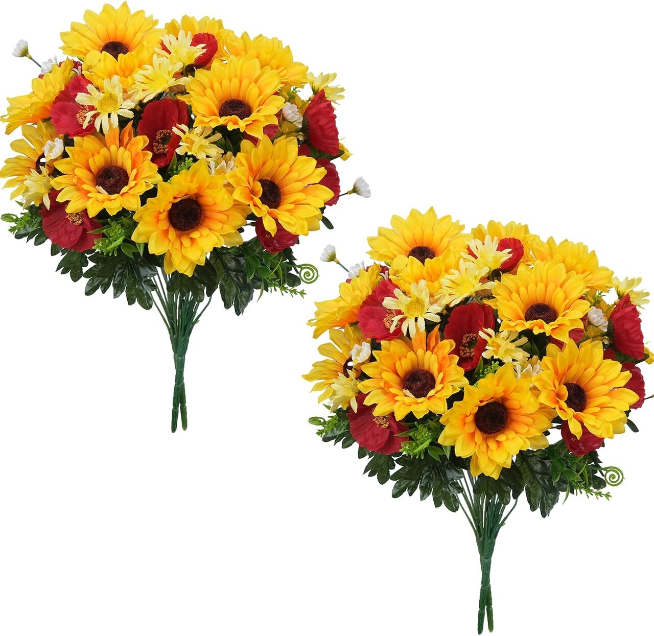 Artificial Sunflower & Mixed Silk Flower Bouquets – Faux Sunflowers, Daisies & Poppies, Cemetery, Home, Porch, and Office Decoration (4 Bundles)